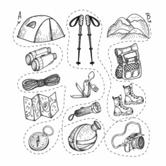 Set of mountain camping doodle design elements. Path from A to B. Tent, walking sticks, terrain map, compass, etc. Drawn vector illustrations, isolated on white background.