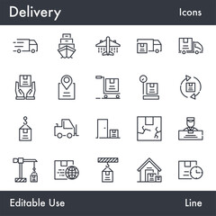 Simple Delivery and Logistic vector line icon set. Contains linear outline icons like Shipping, Parcel, Package, Airplane, Location, Truck, Freight, Courier, Sea Air. Editable use and stroke for Web.