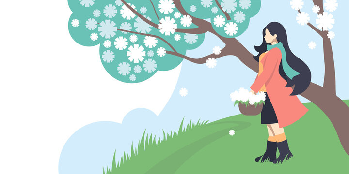 Spring girl. Beautiful young woman with a basket of flowers against the backdrop of a spring landscape. Vector image. 