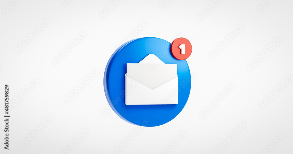 Poster blue open envelope mail or email notification button icon inbox sign on white background 3d renderin