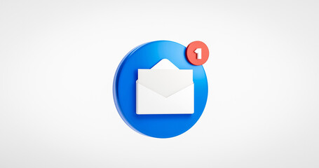 Blue open envelope mail or email notification button icon inbox sign on white background 3D rendering