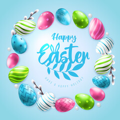 Holiday Easter background with colorful easter eggs and willow branch. Greeting card or poster. Vector illustration