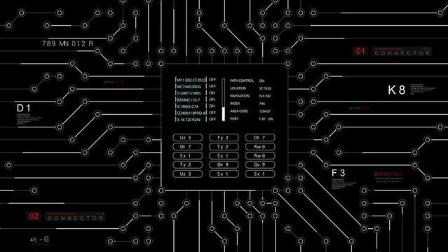Technology Connections HUD appearing animation.PNG Alpha.Technological motherboard electrical circuit HUD with programming text and infographic elements appearing animation.Abstract technological