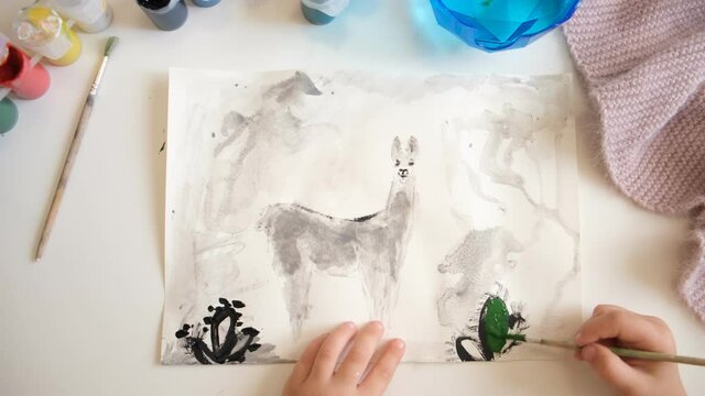 Watercolor hand drawn simple illustration of alpaca, llama. Children painting style. Wildlife.