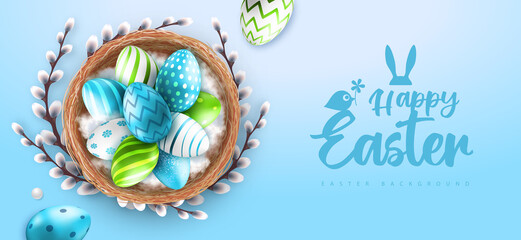 Holiday Easter background with colorful easter eggs in the nest. Greeting card or poster. Vector illustration