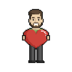 Pixel art man in love with heart on a white background. - 481760604
