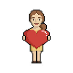 Pixel art girl in love with heart on a white background. - 481760618