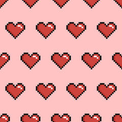 Pixel art seamless pattern with red hearts on a pink background. - 481760633