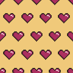 Pixel art seamless pattern with magenta hearts on a yellow background. - 481760644