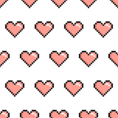 Pixel art seamless pattern with pink hearts on a white background. - 481760654