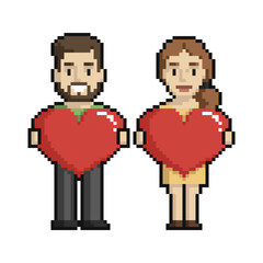 Pixel art set of couple of man and woman with hearts on a white background. - 481760669