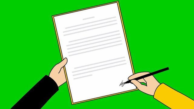 Animated contract signing. Man's hand signs a document with a pen. Concept of agreement, deal, contract, application, signature. Looped video. Vector illustration isolated on green background.
