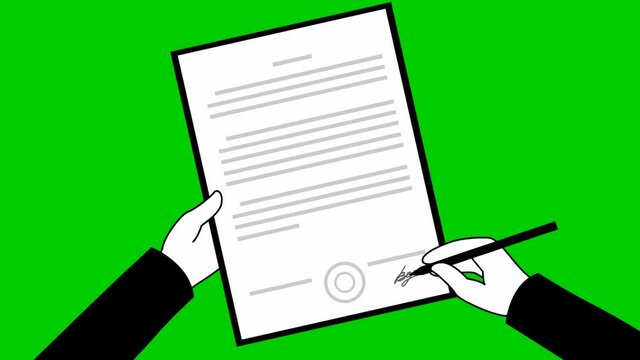 Animated contract signing. Man's hand signs a document with a pen. Concept of agreement, deal, contract, application, signature. Looped video. Vector illustration isolated on green background.