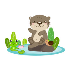 Cute otters sitting on rocks cartoon illustration.