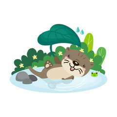 Obraz na płótnie Canvas Cute cartoon Otter floats on river.