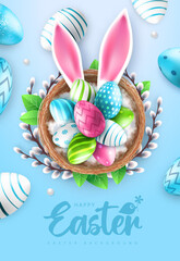 Holiday Easter background with colorful easter eggs and rabbit ears in the nest. Greeting card or poster. Vector illustration
