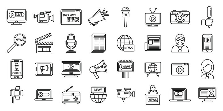 Reportage icons set outline vector. Interview news