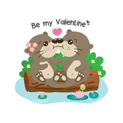 Cute couple otters holding hearts for valentine’s day.