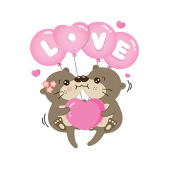 Couple otter holding pink heart and ballons for valentine’s day.