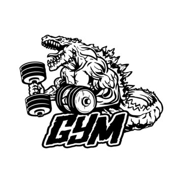 angry muscular lizard with dumbbells, vector, logo, cartoon, mascot, character, monochrome
