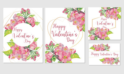 Fototapeta na wymiar set of valentine's day card template with hand painted watercolor apple flowers