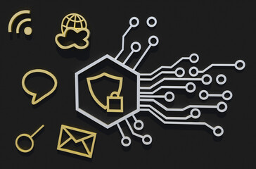 
a stylized microchip with a lock and shield,a badge of the Internet, mail, SMS,wifi,protection of personal data from hacking.Gold and silver on a dark gray background