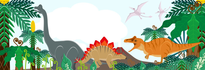 ジュラ紀の陸と空の人気恐竜達　長方形 © fumimicreative