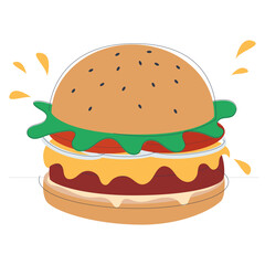 Juicy burger with cheese cutlet tomatoes in a fried bun with sesame seeds. Flat vector cool illustration
