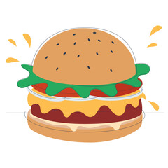 Juicy burger with cheese cutlet tomatoes in a fried bun with sesame seeds. Flat vector cool illustration