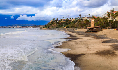 Panorama of the beach and Pacific Ocean in San Clemente California, USA - obrazy, fototapety, plakaty