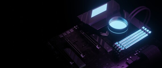Fototapeta premium 3D Rendering of PC computer mother board with CPU and RAM decorated with gaming style RGB. For IT product advertising, game cast background or wallpaper