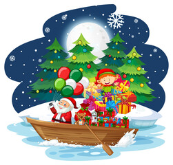 Snowy night with Santa Claus delivering gifts by boat