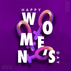 White Happy Women's Day Font With 3D Gradient Female Gender Sign On Purple Twirl Liquid Background.