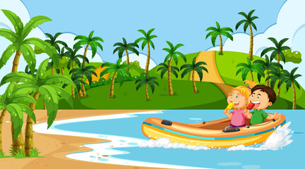 Beach scenery with children in inflatable boat