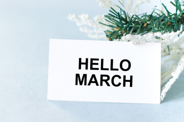 Naklejka premium with text hello march on a white card on a blue background next to spruce branches