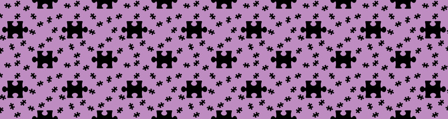 Seamless pattern. Image of black puzzle elements on pastel purple purple backgrounds. riddle. Template for applying to surface. Banner for insertion into site. 3D image. 3D rendering.