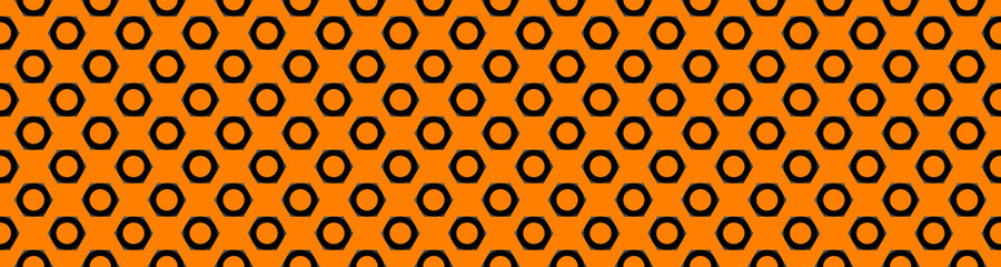 Seamless pattern. Image of a nut on an orange background. black hexagon. Banner for insertion into site. 3d rendering. 3d image.