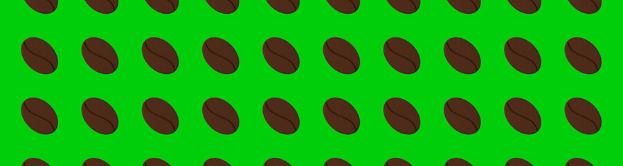 Drawing of images of coffee beans on a green-lime background. template for overlaying on the surface. seamless pattern. Banner for insertion into site. 3D rendering. 3D image