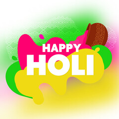 Happy Holi Font With Color Flowing Out From Mud Pot On Abstract Background.