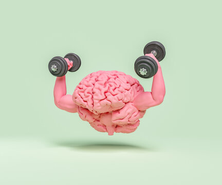brain with muscular arms and dumbbells in hands
