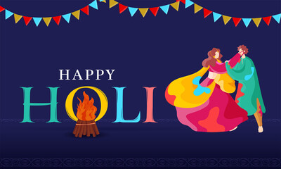 Happy Holi Celebration Banner Design With Bonfire, Indian Couple Playing Colors And Bunting Flags On Blue Background.