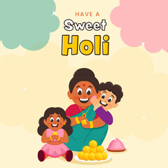 Cheerful Indian Woman With Her Kids Eating Sweets (Ladoo) On The Occasion Of Holi Celebrate.