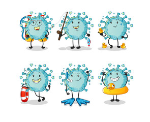 corona virus water activity group. cartoon mascot vector