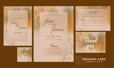 Floral Wedding Invitation Card Suite On Brown Background.