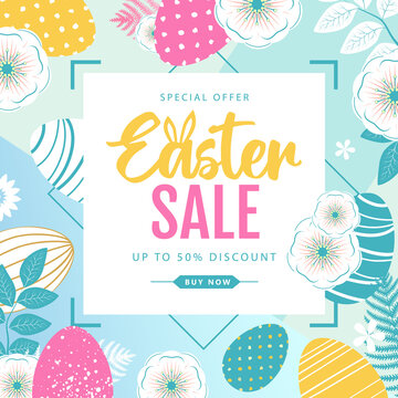 Holiday Easter background with colorful easter eggs and flowers. Easter sale poster. Vector illustration