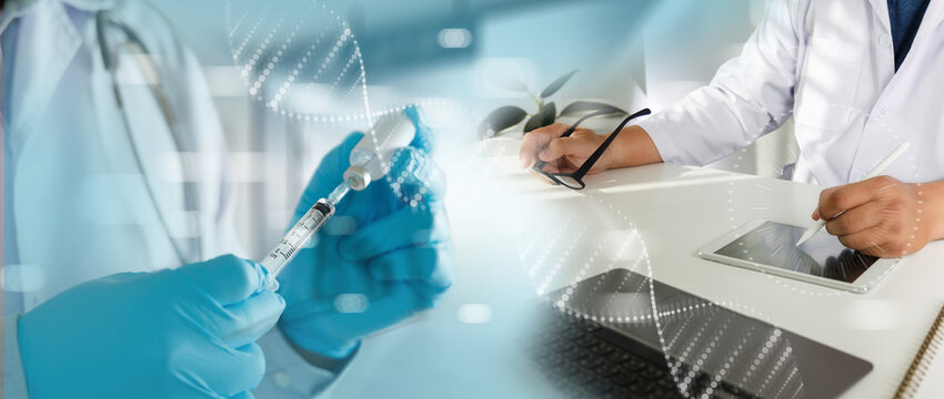 doctor analyzing medical report on network connection Healthcare business graph data Healthcare investment and financial..