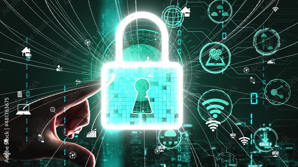 Poster cyber security encryption technology to protect data privacy conceptual . 3d render computer graphic