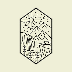 design of camping nature, mountains, cliffs, waterfall in mono line art, patch badge design, emblem design, T-Shirt Design