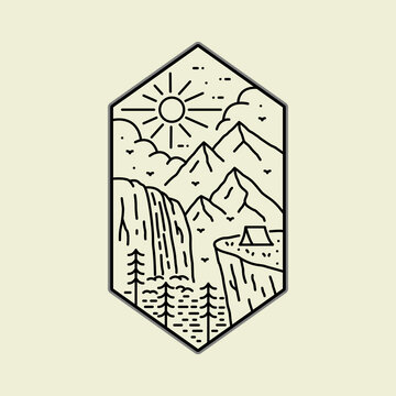 recommend clip art: design of camping nature, mountains, cliffs, waterfall in mono line art, patch badge design, emblem design, T-Shirt Design