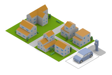 Electric car and charger. EV car and charging stand being charged. Use the charging spot installed on the road.